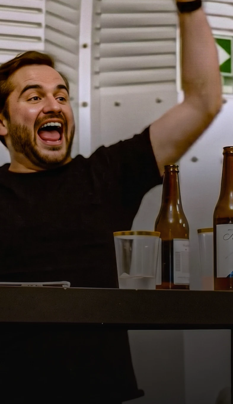 Man in a black shirt joyfully raises an arm, sitting at a table with beer bottles and a plastic cup, with a white wall background.