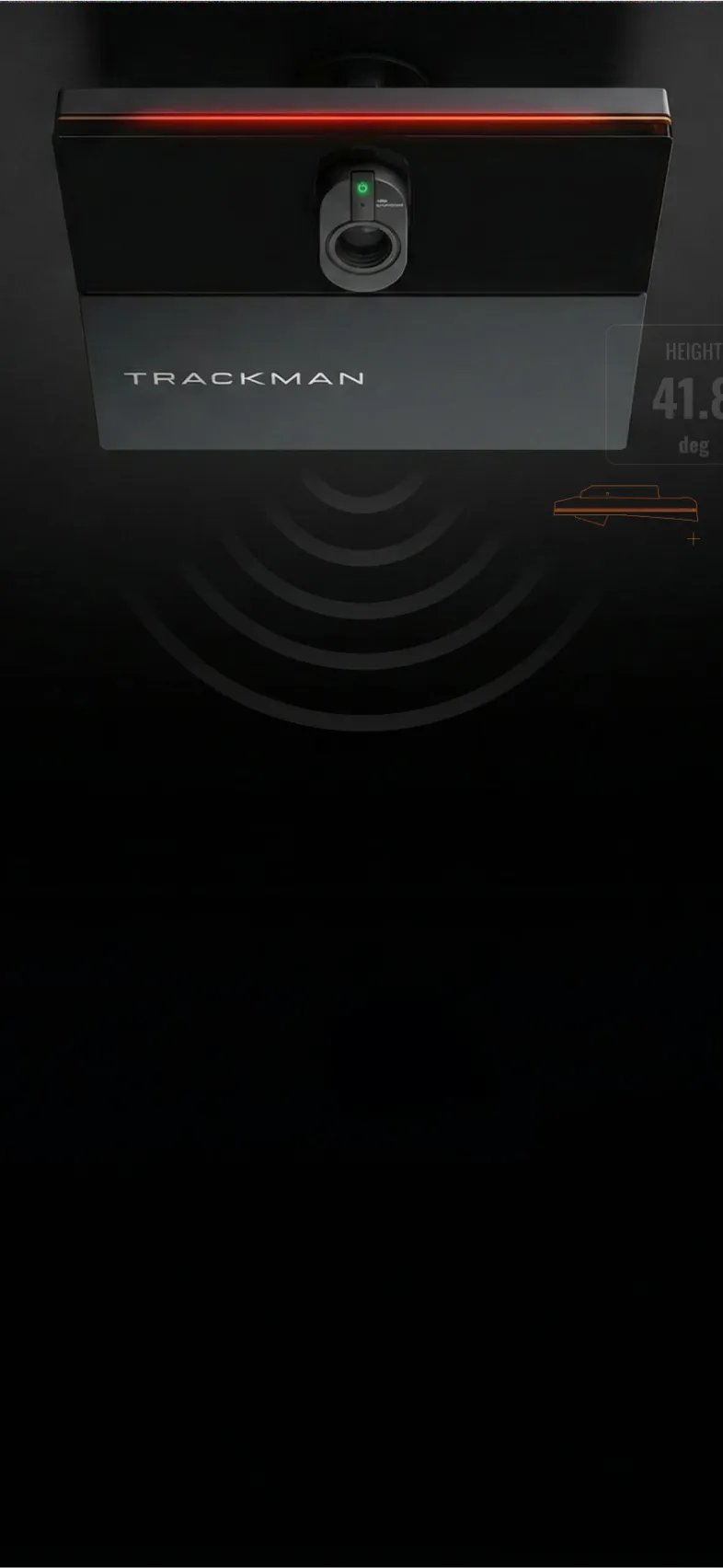 A Trackman sensor device with lens and red LED light, displaying waves and a small graphic on a black background.